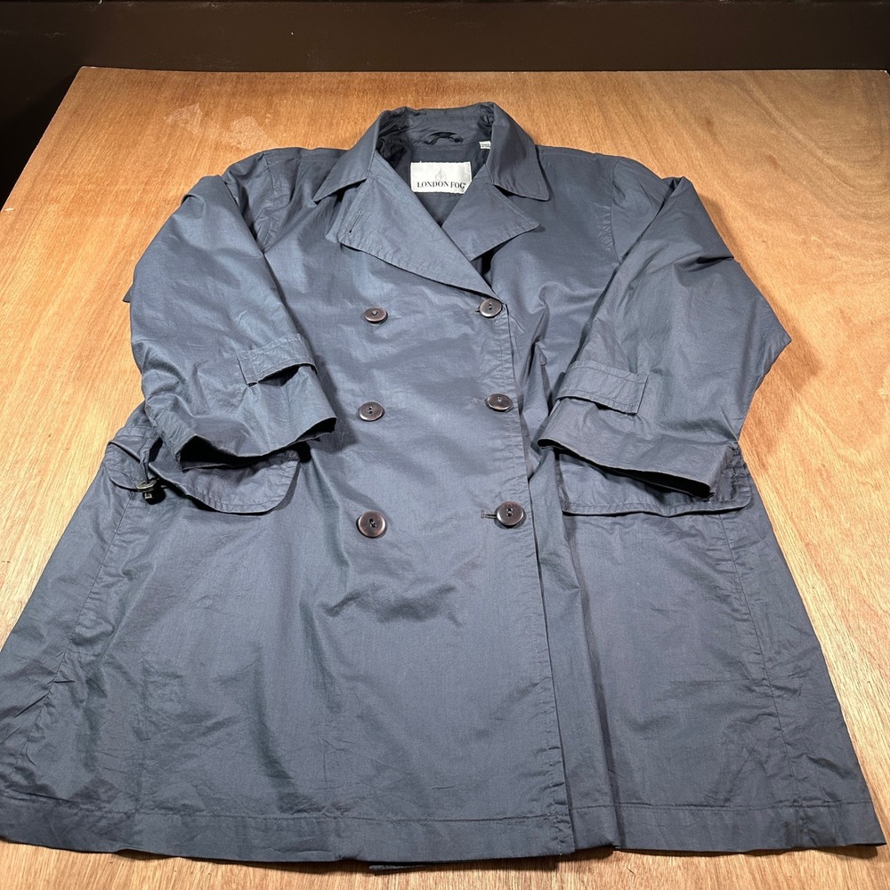 London Fog Raincoat Women M Gray Double Breasted Trench Lightweight Drawstring